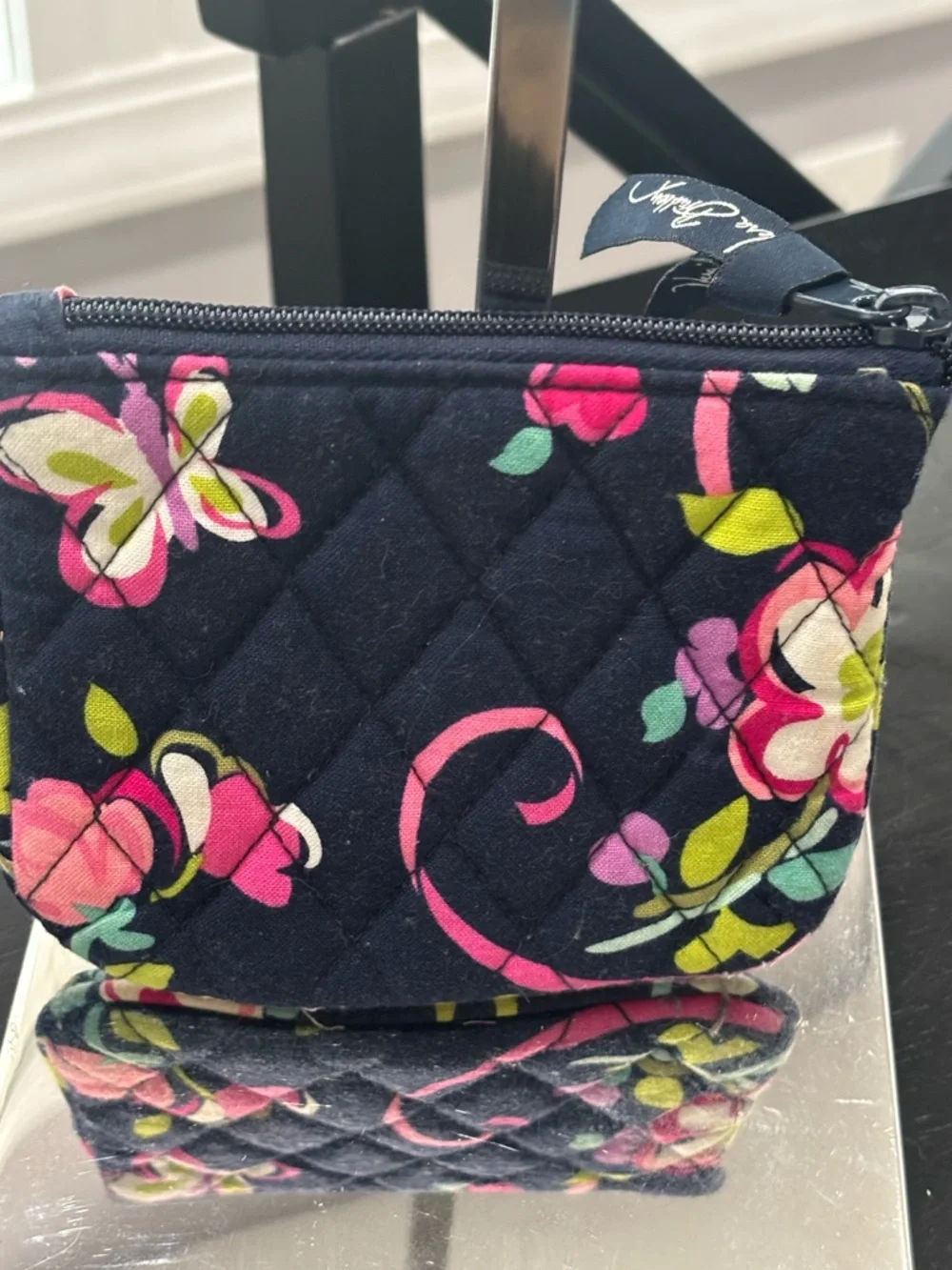 Vera Bradley Quilted Floral Zip Pouch Coin Purse Navy Pink | Petal Paisley